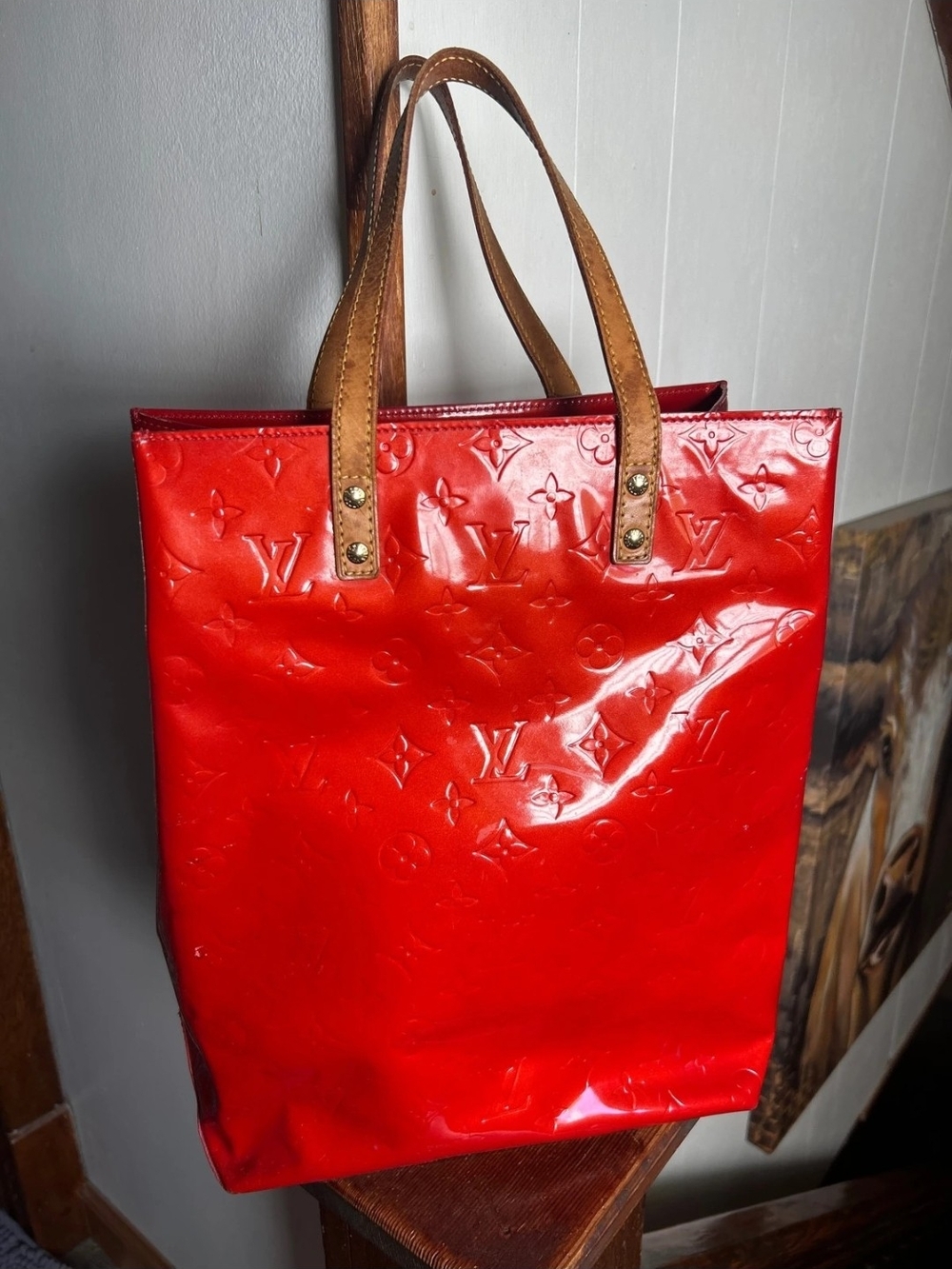 Louis Vuitton Red Patent Monogram Tote with Tan Handles Excellent Condtion